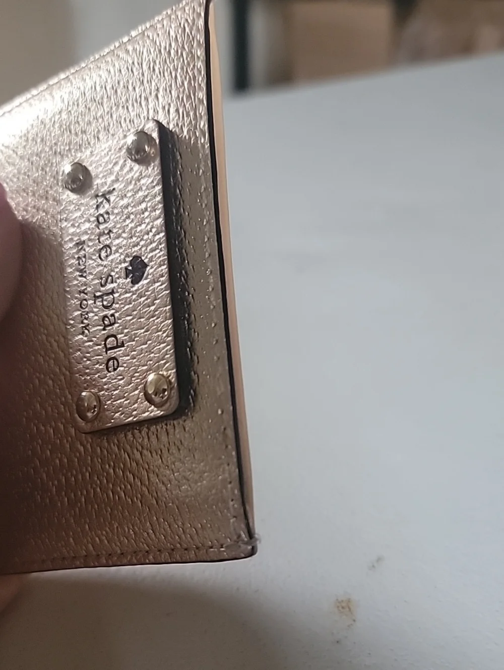 kate spade Metallic Gold Pebbled Leather Card Holder with Logo Plaque